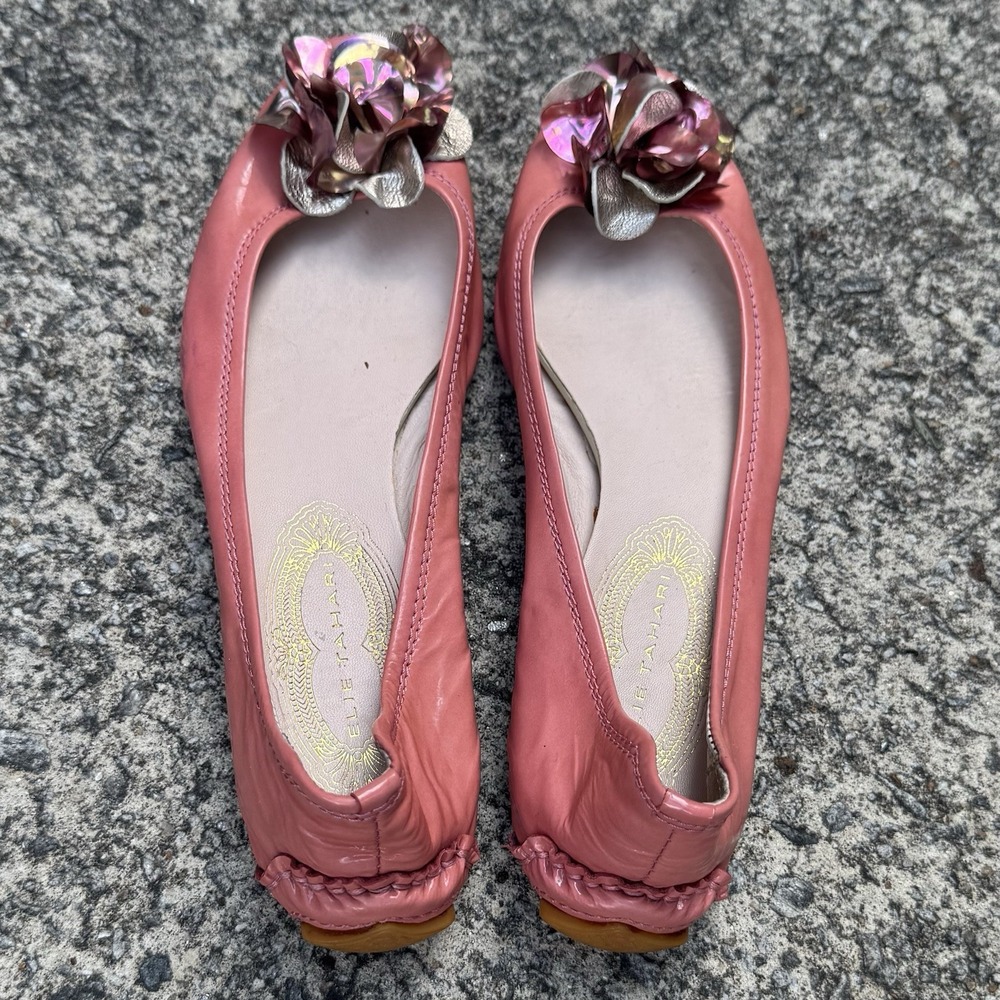 Elie Tahari Ballet Flats Womens 7 (EU 37.5) Pink Patent Leather Metallic Rosette - Picture 6 of 11